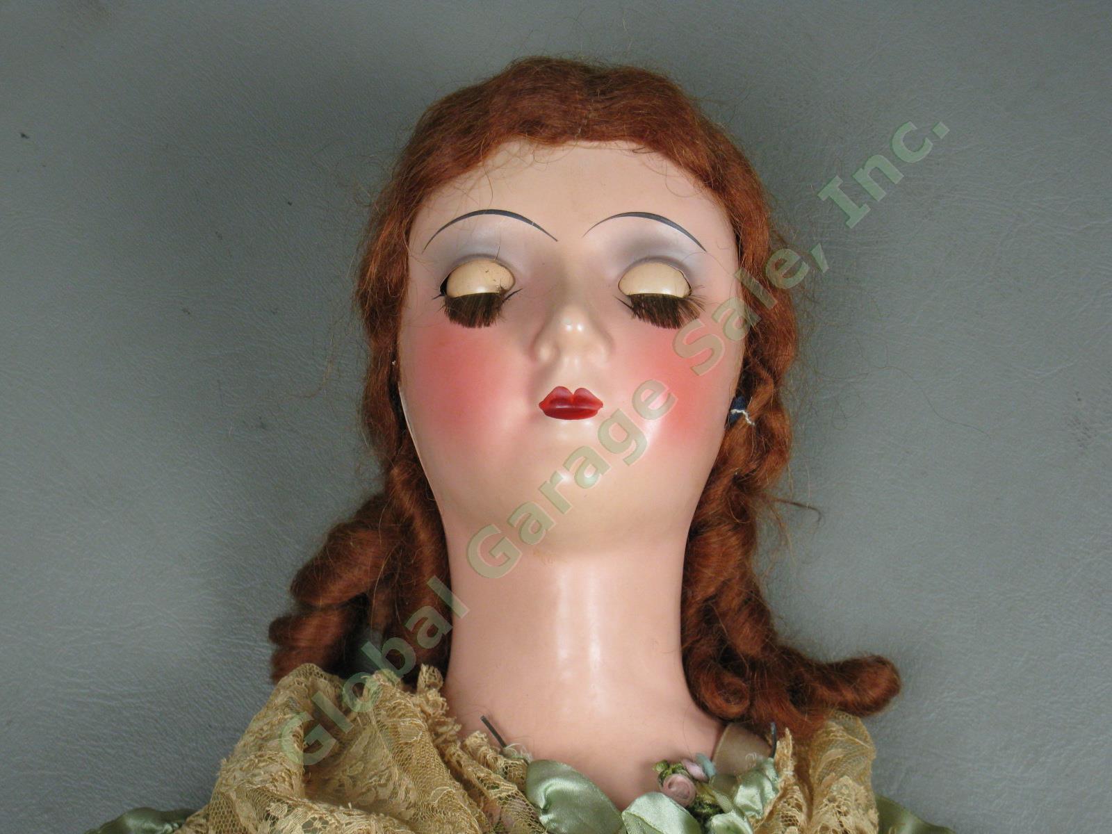 Vtg Antique Circa 1920s Boudoir Bed Doll 30" Inch Redhead Original Lace Dress NR 3