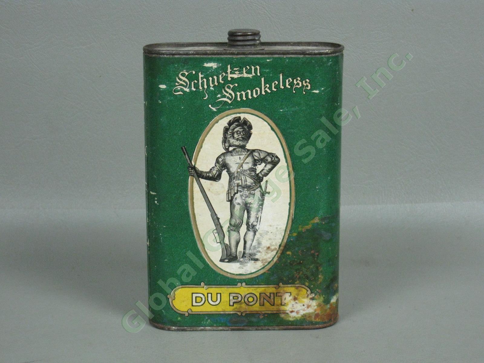 Rare Vtg Antique Dupont Schuetzen Smokeless 8 Ounce Black Powder Gunpowder Tin