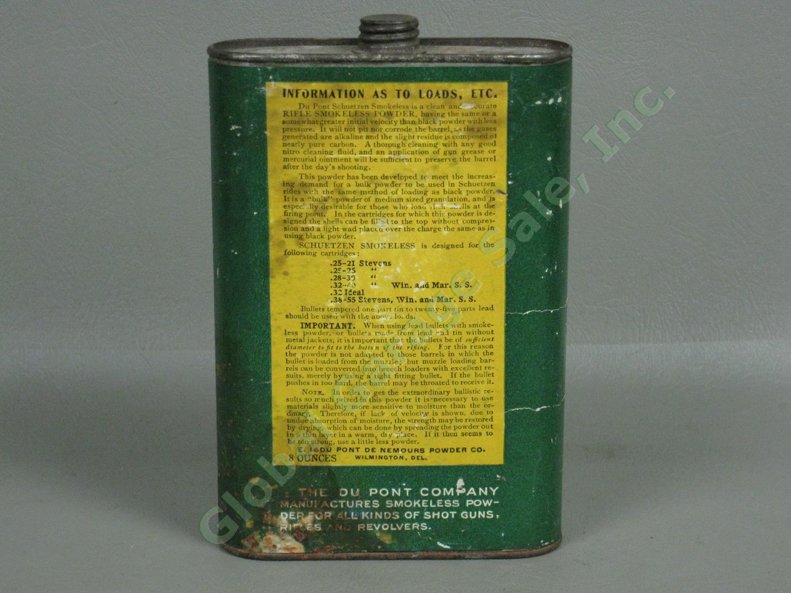 Rare Vtg Antique Dupont Schuetzen Smokeless 8 Ounce Black Powder Gunpowder Tin 3