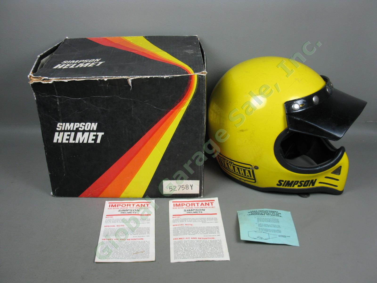 Vtg 80 Yellow Simpson 52 1/82 Motocross Helmet 7-5/8 Moto Peak Visor Team Yamaha