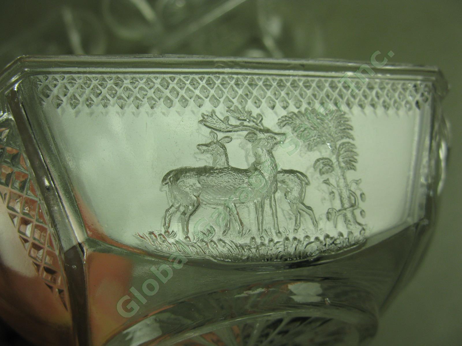 11 Vtg Antique 1880s EAPG Pattern Glass Deer + Pine Dishes Lot Set Belmont McKee 2