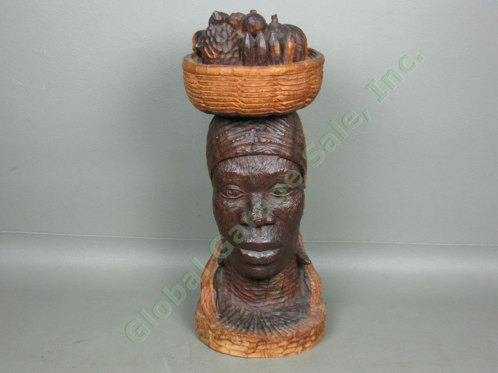 Vtg 1940s Jamaican Female Head Bust Wood Carving Woman w/Fruit Basket 13" Tall