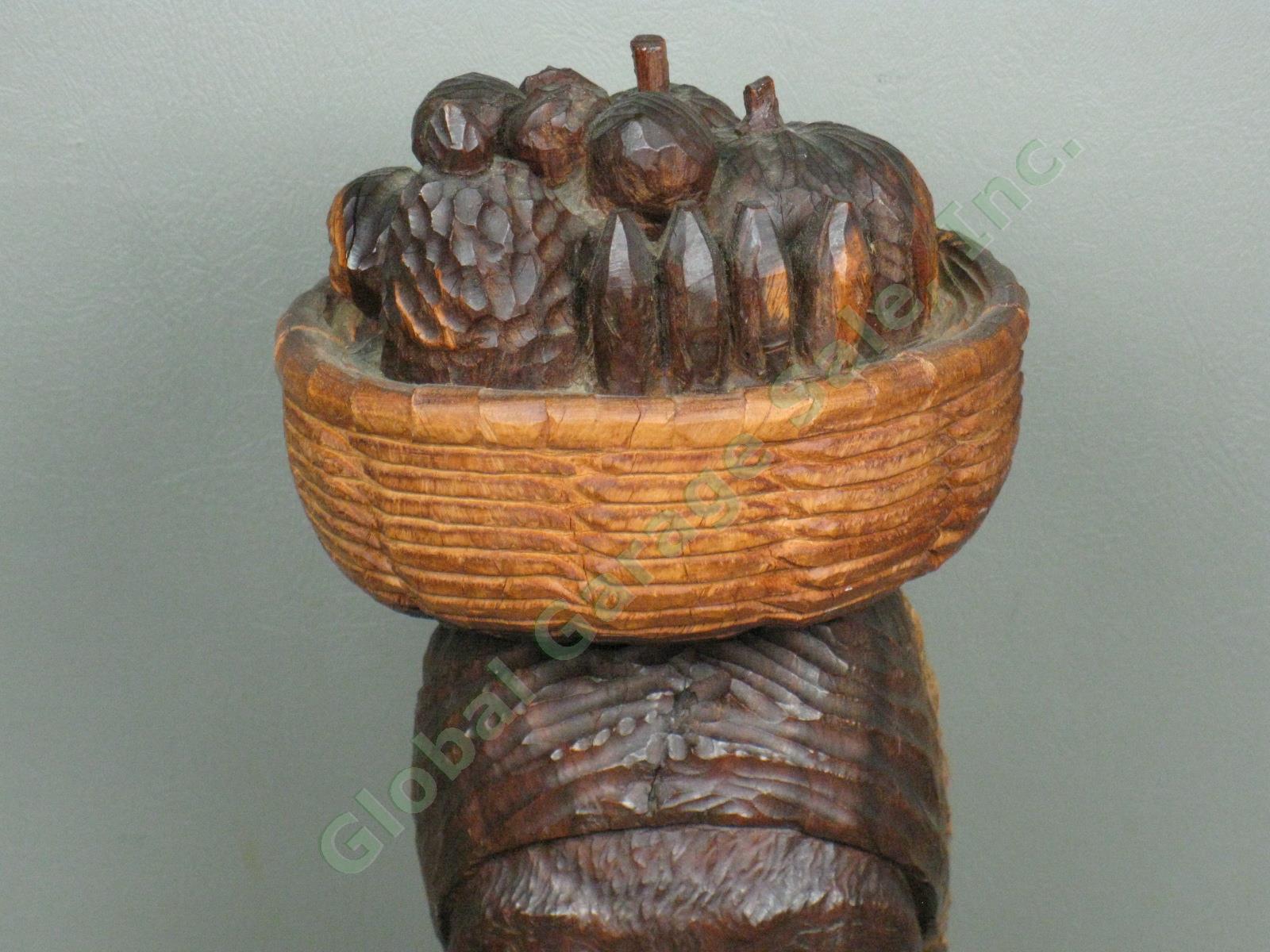 Vtg 1940s Jamaican Female Head Bust Wood Carving Woman w/Fruit Basket 13" Tall 1