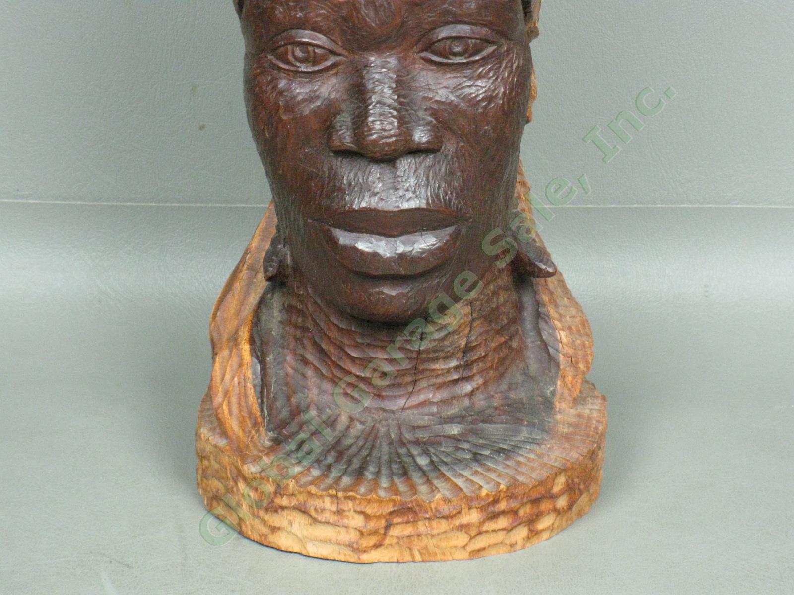 Vtg 1940s Jamaican Female Head Bust Wood Carving Woman w/Fruit Basket 13" Tall 2