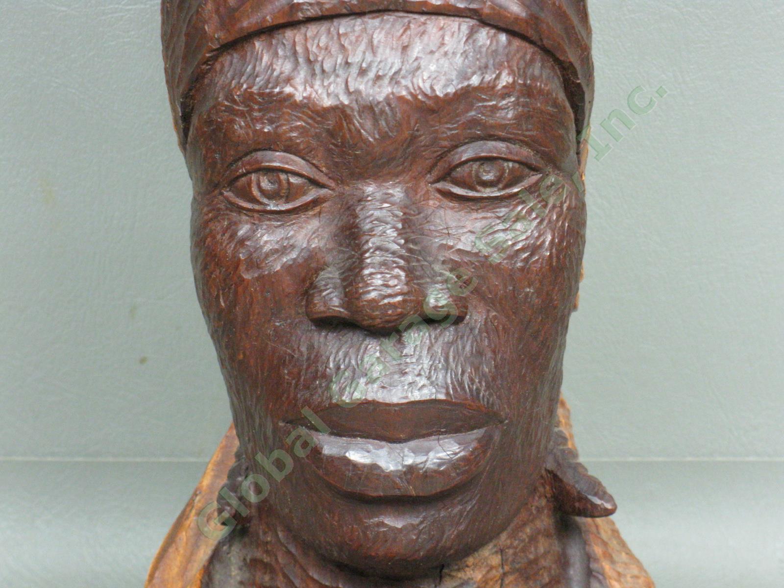Vtg 1940s Jamaican Female Head Bust Wood Carving Woman w/Fruit Basket 13" Tall 3