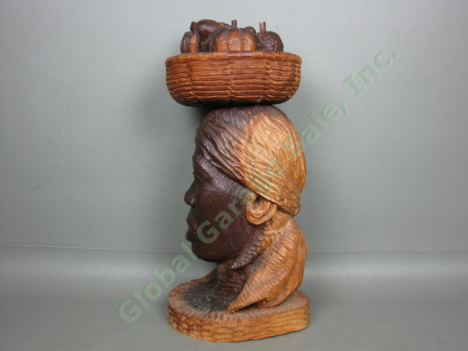 Vtg 1940s Jamaican Female Head Bust Wood Carving Woman w/Fruit Basket 13" Tall 6