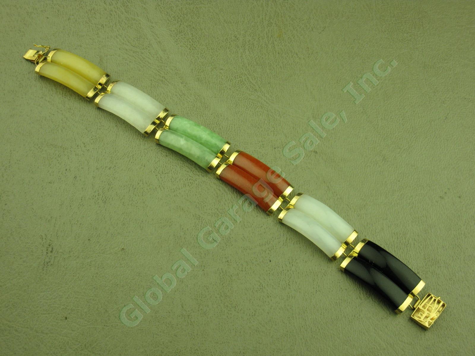 14K 585 Yellow Gold Multi Color Double Row Chinese Jade Bracelet 7.25" 21.1 Gram