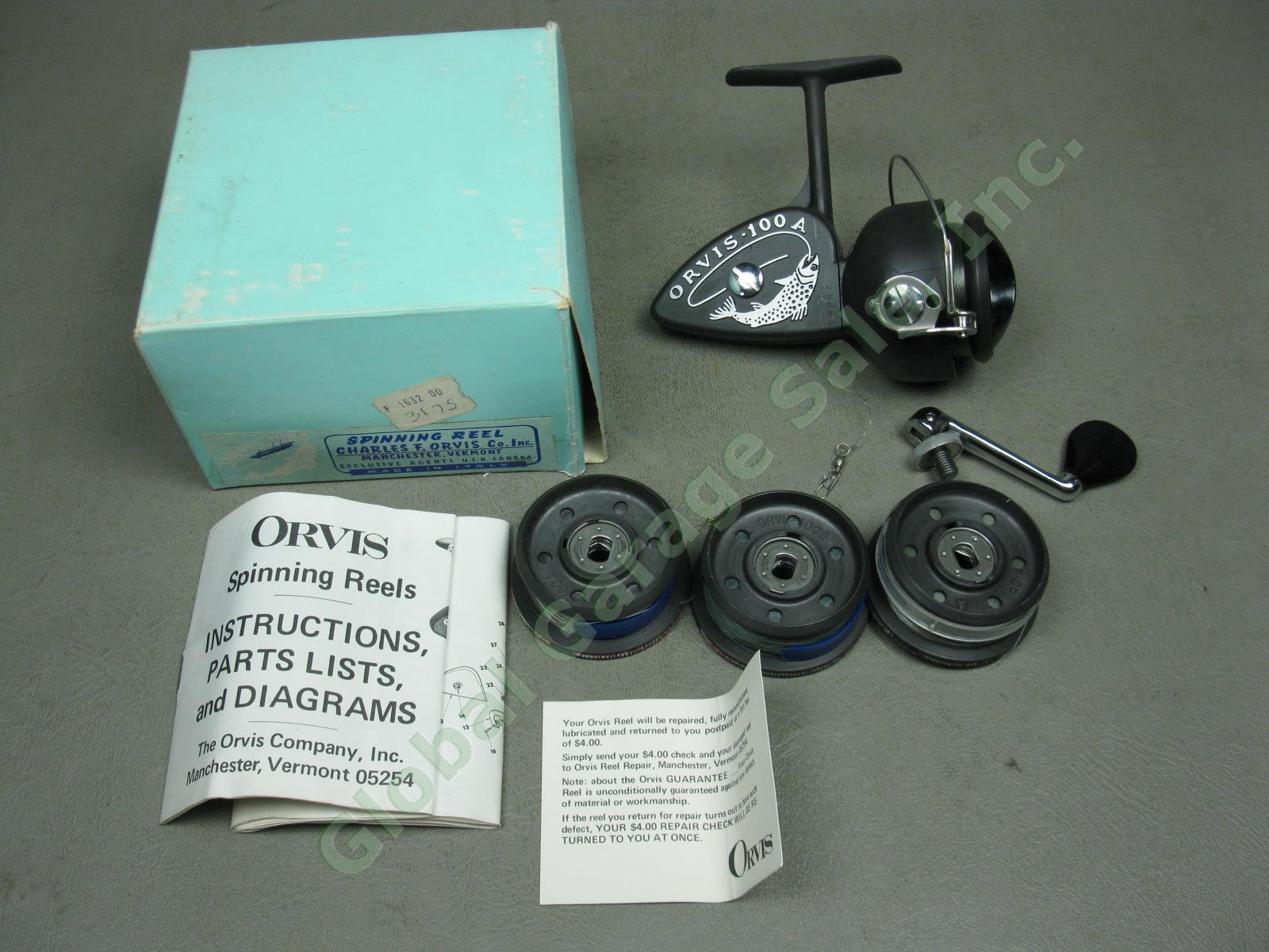 Vtg Orvis 100A Spinning Fishing Reel Serial 25663 +Box 3 Extra Spools Papers Lot