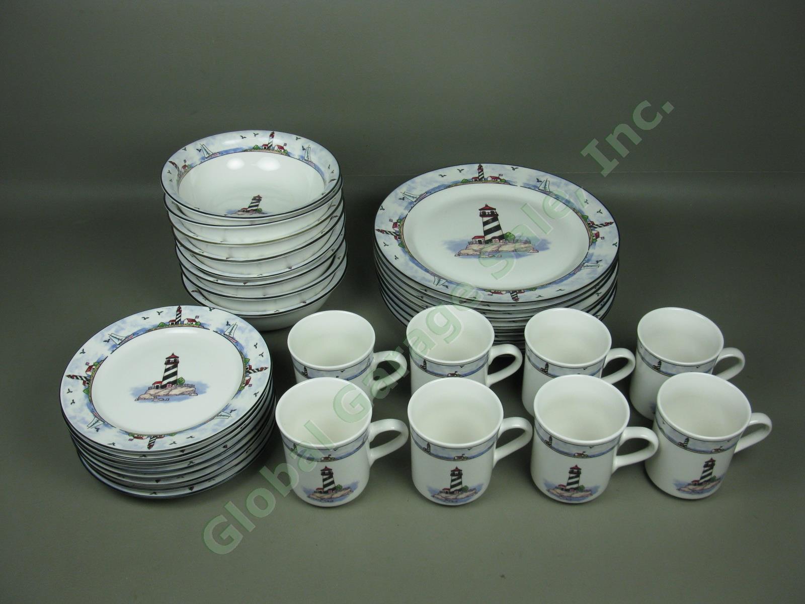 Huge 32-Pc Coastal Lighthouse Nautical Dinnerware Set Dish Plates Bowls Cups Lot