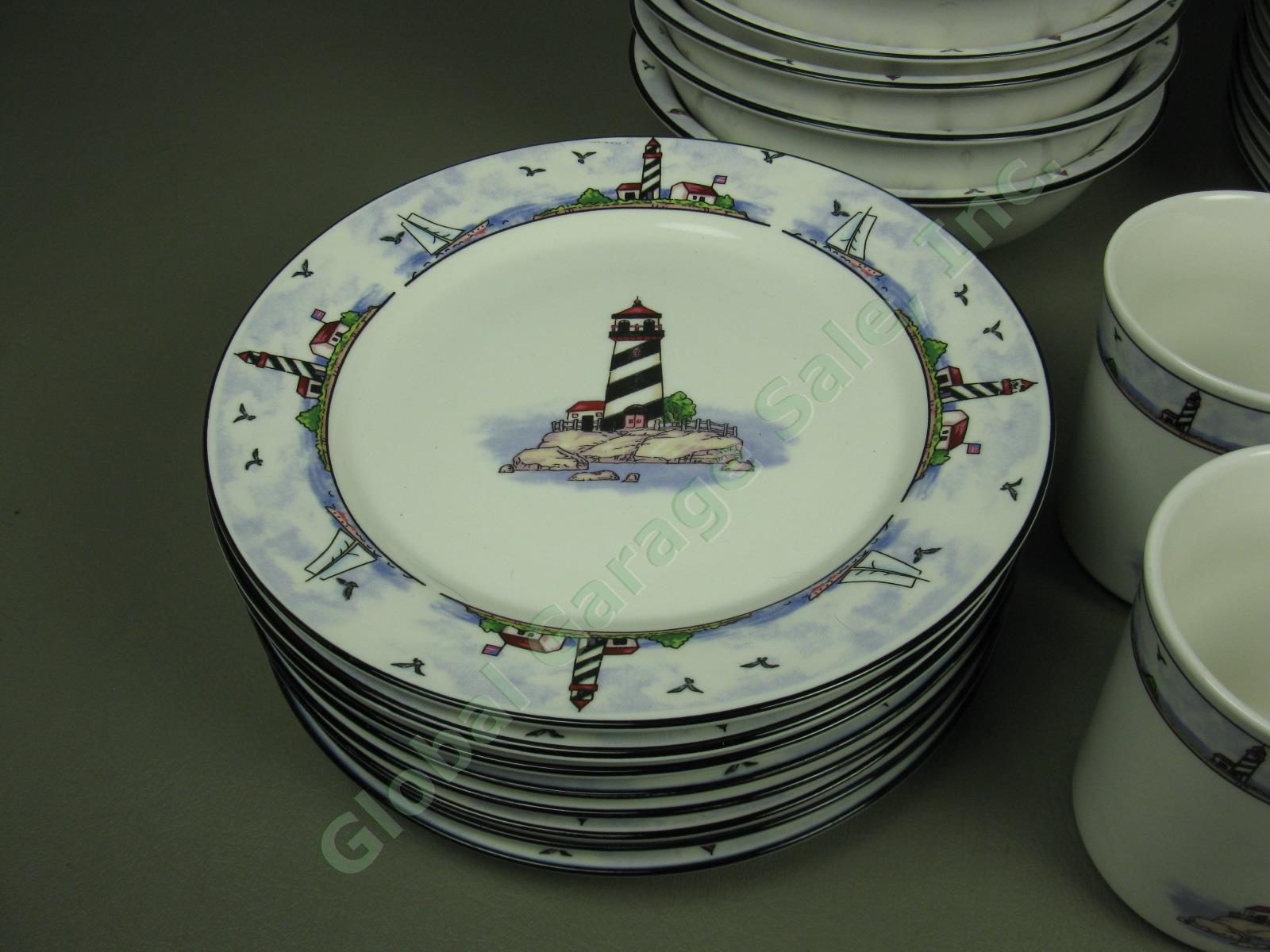 Huge 32-Pc Coastal Lighthouse Nautical Dinnerware Set Dish Plates Bowls Cups Lot 1