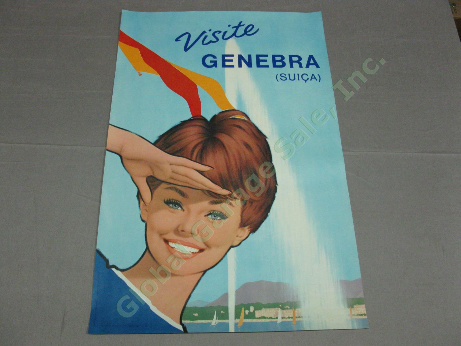 Vtg Original 1950s Swiss Travel Poster Visite Genebra Geneva Switzerland Dickens