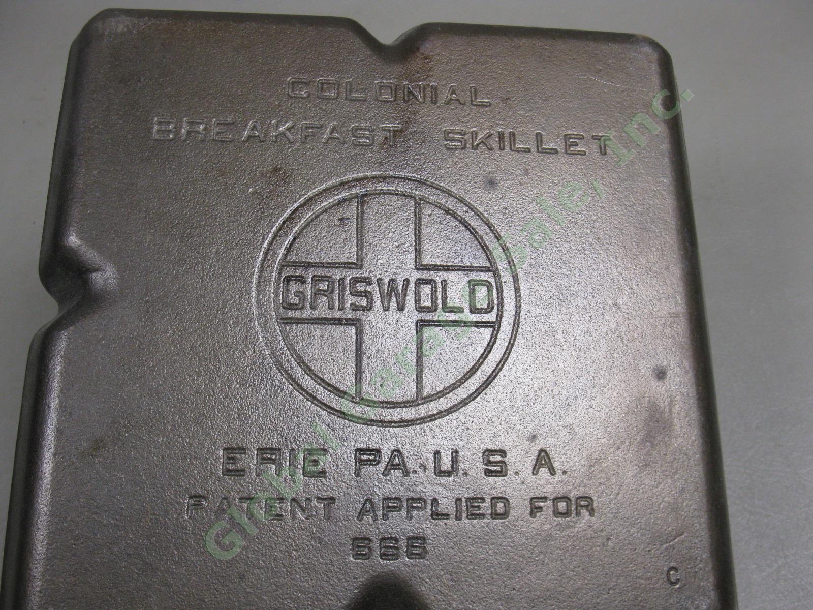 Vtg Griswold Cast Iron Colonial Breakfast Skillet Pan 666 Large Block Logo Erie 1