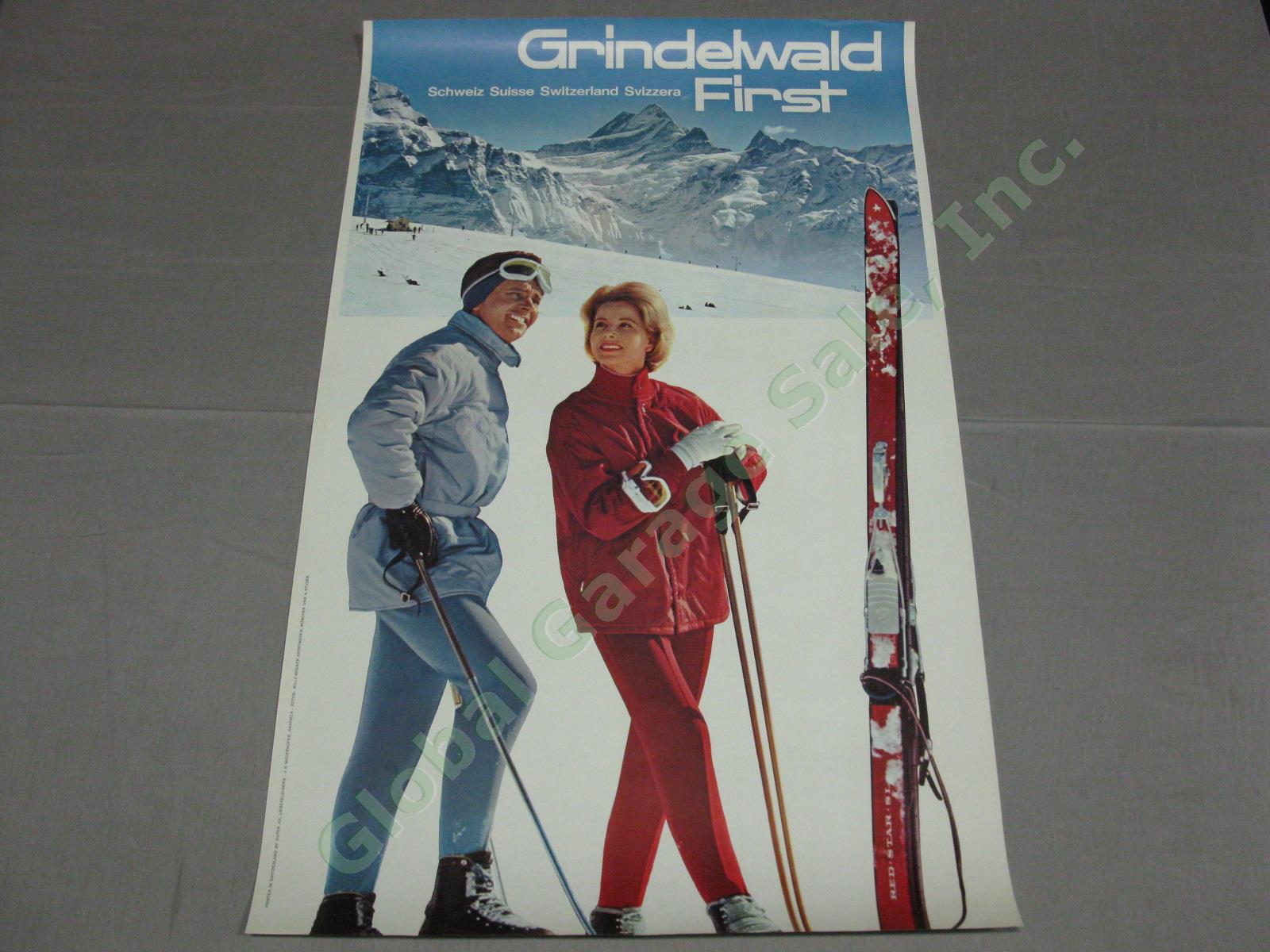 Vtg 1960s Swiss Travel Ski Poster Grindelwald First Bogner Clothing Switzerland
