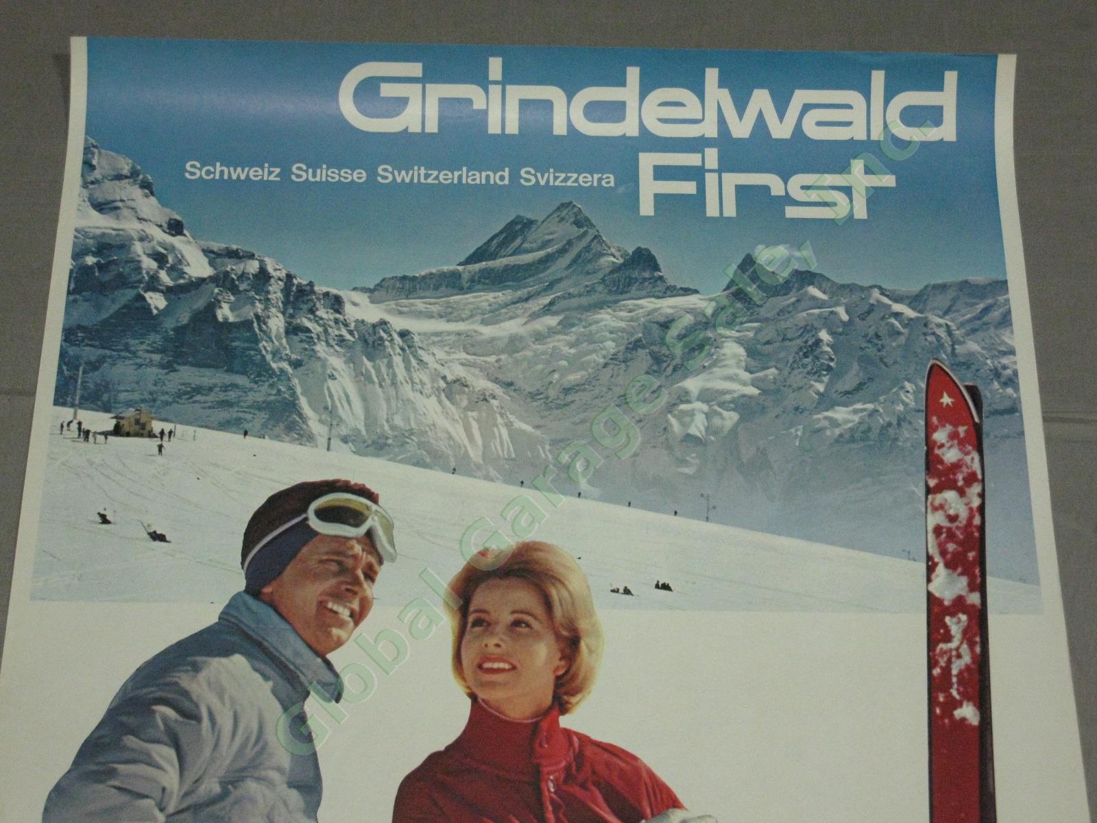 Vtg 1960s Swiss Travel Ski Poster Grindelwald First Bogner Clothing Switzerland 1