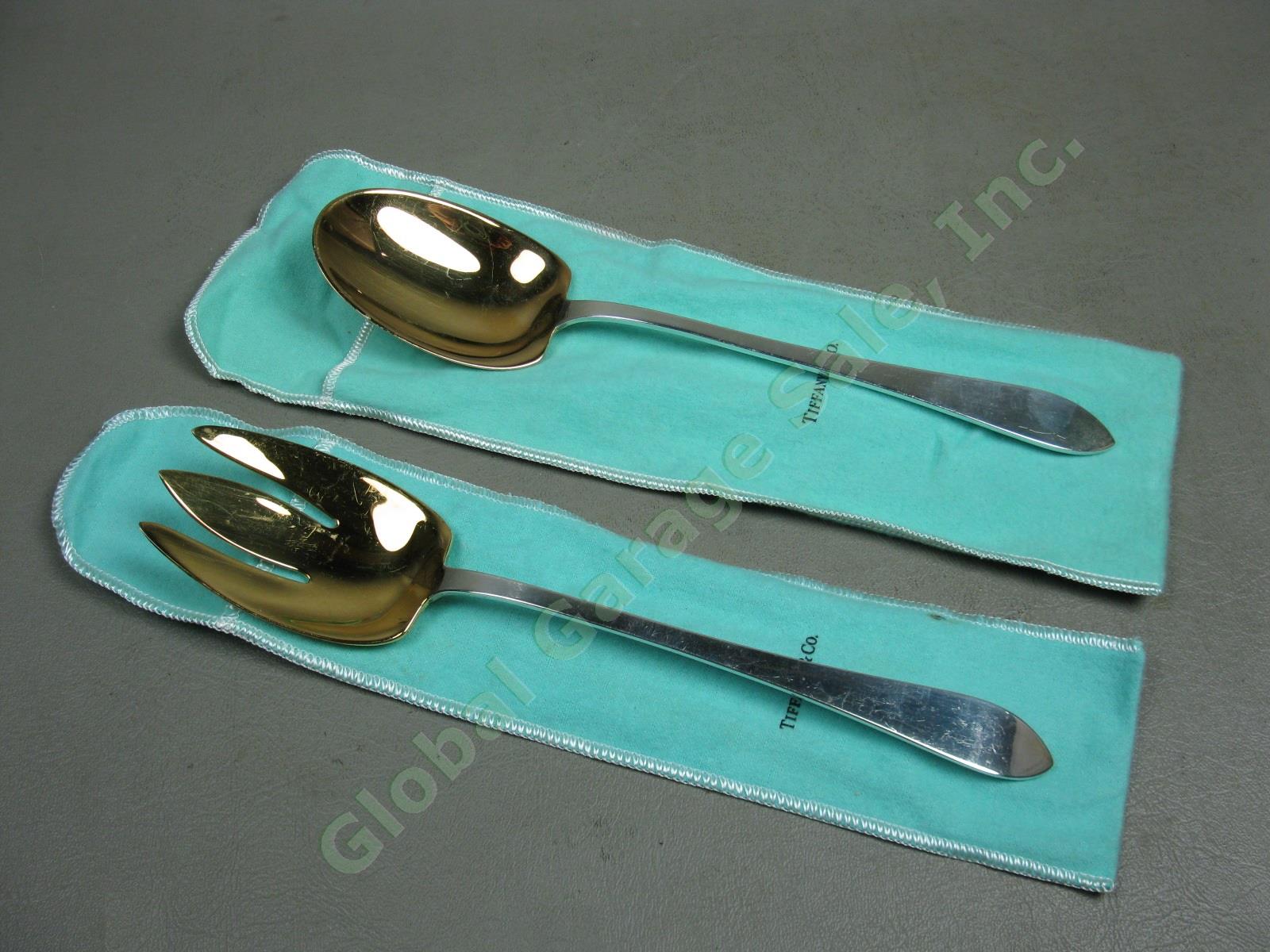2pc Tiffany & Co Faneuil Sterling Silver Salad Serving Set Gold Wash 10" W/Pouch