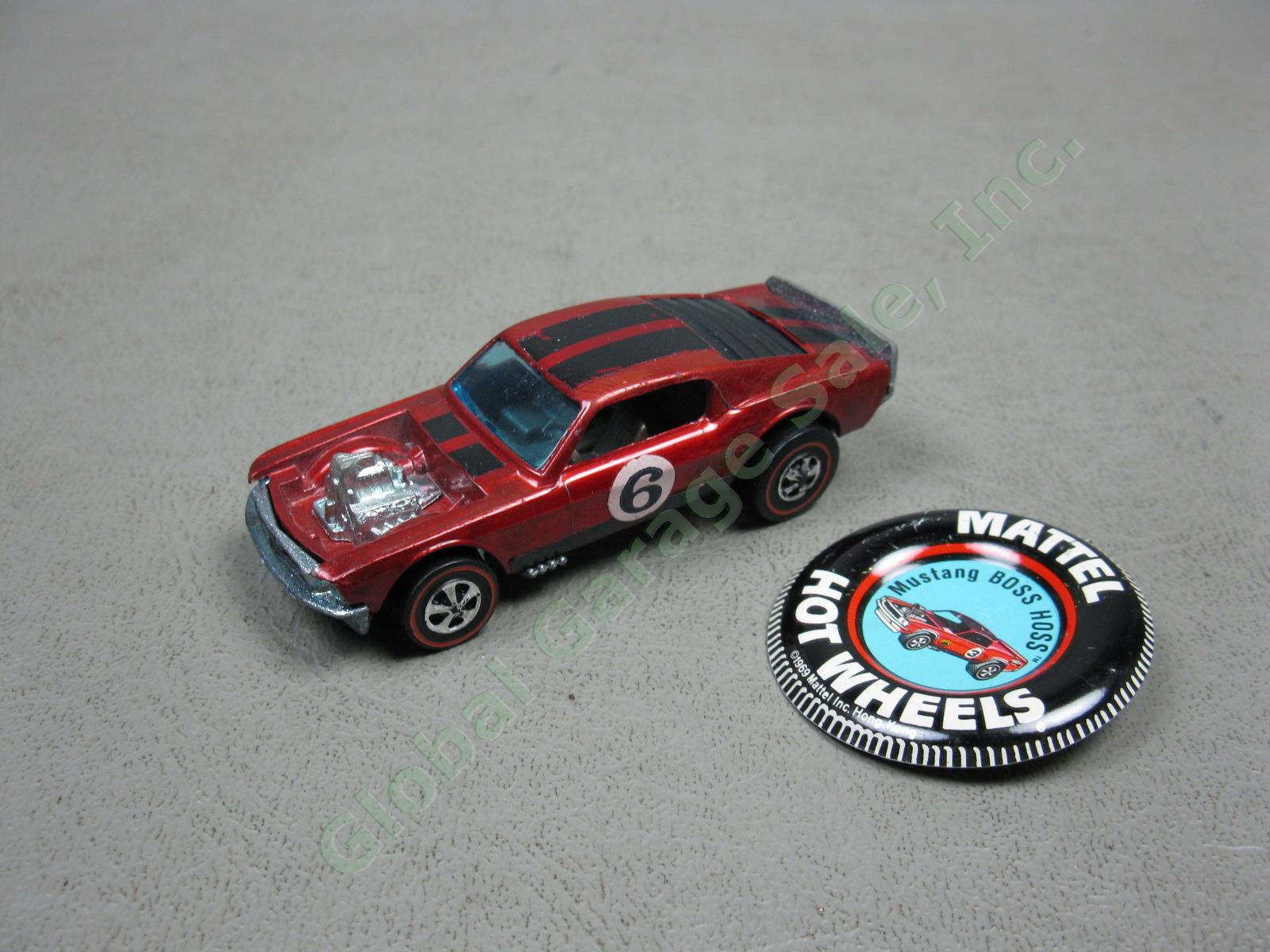 1969 Hotwheels Redline Spoiler Mustang Boss Hoss Red Hong Kong W/ Button / Badge