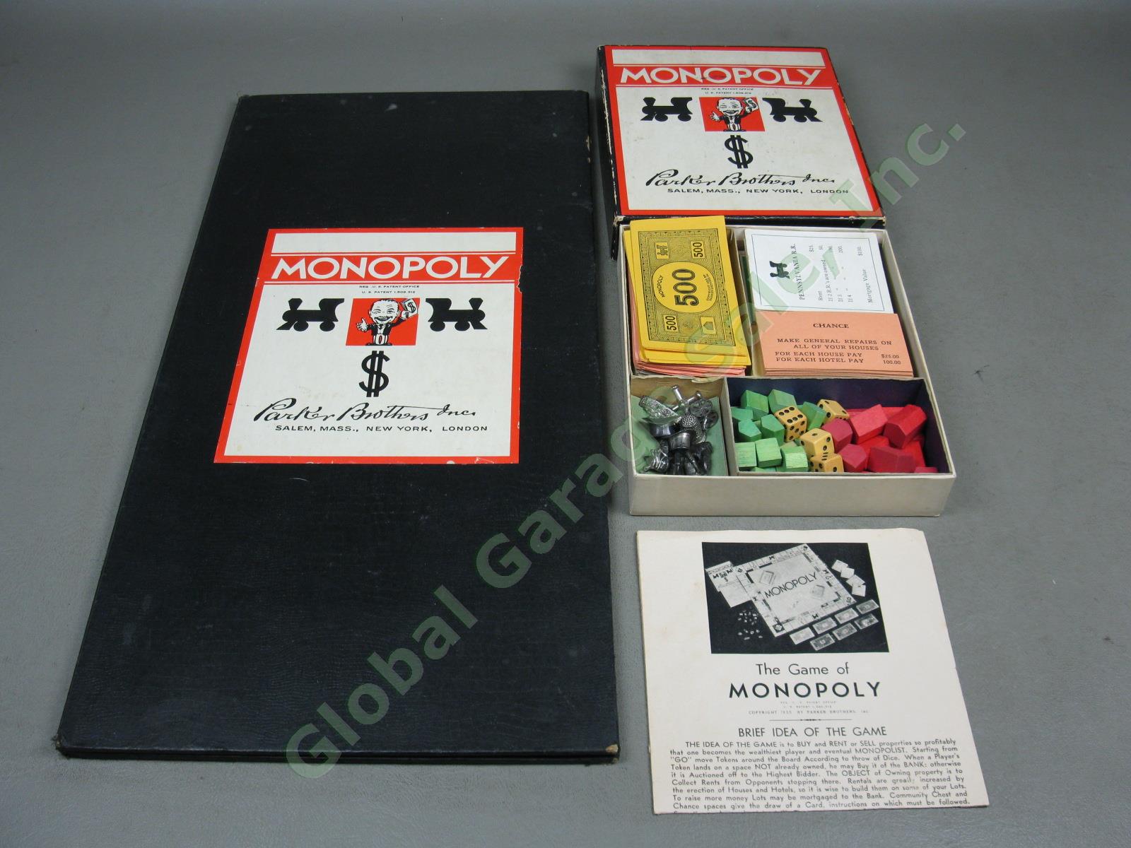 Vtg Antique 1935 Parker Bros Monopoly Game +Board Dice Pieces Houses Money Cards