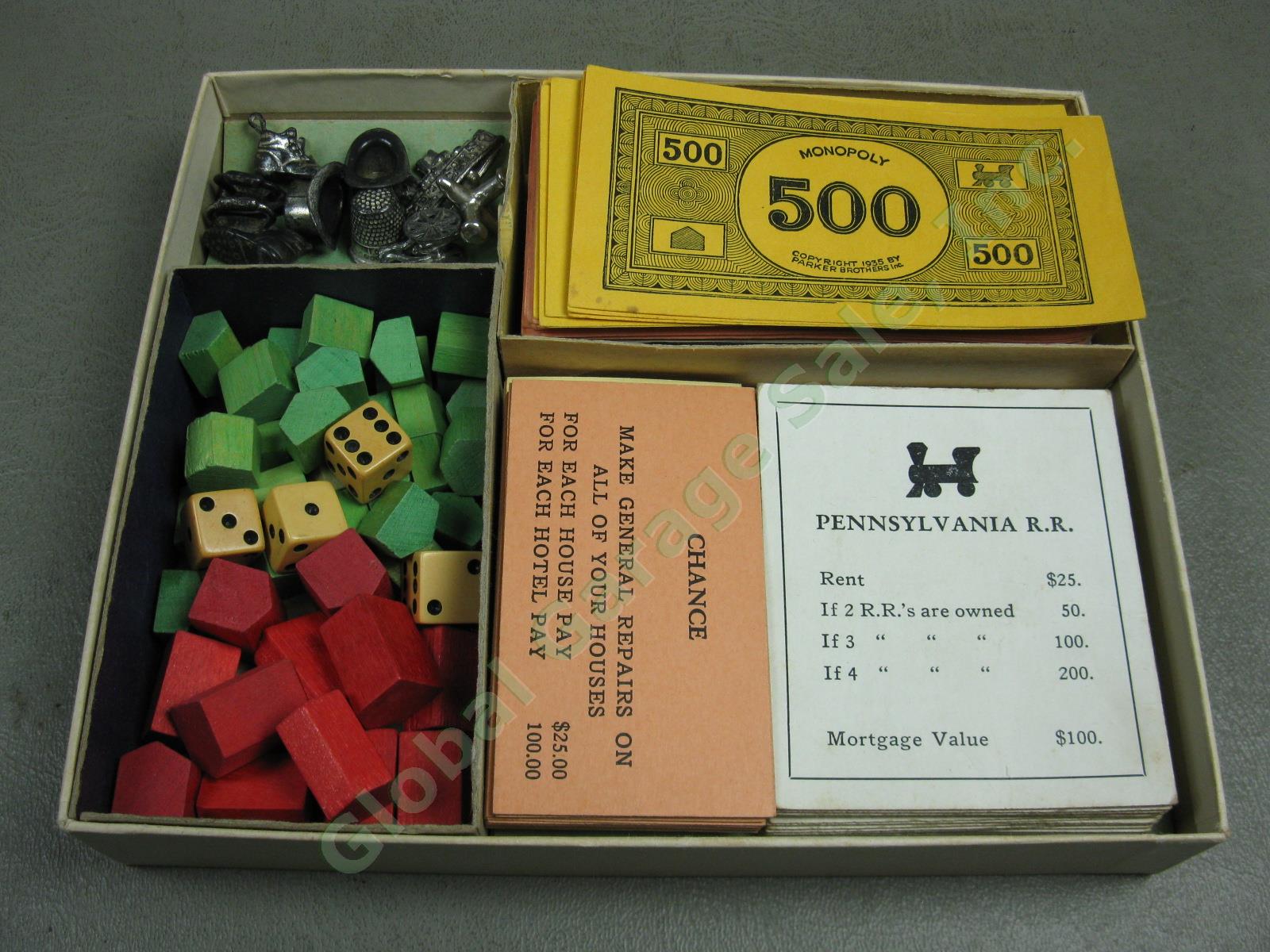 Vtg Antique 1935 Parker Bros Monopoly Game +Board Dice Pieces Houses Money Cards 4