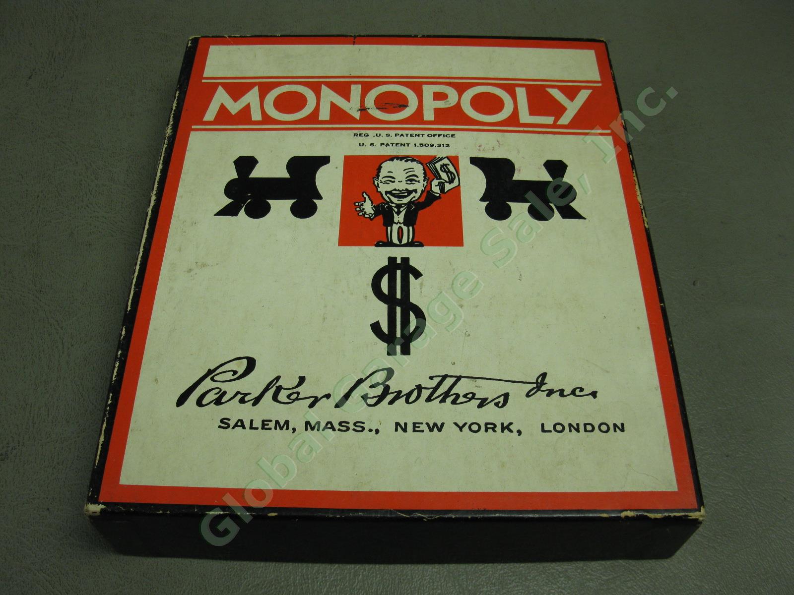 Vtg Antique 1935 Parker Bros Monopoly Game +Board Dice Pieces Houses Money Cards 7
