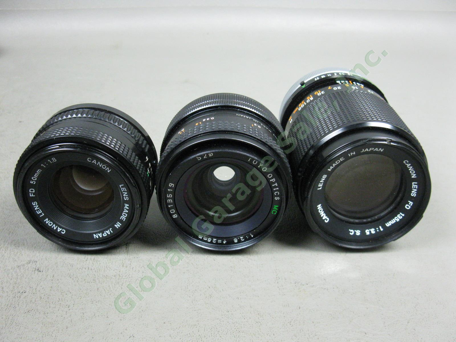 Canon AE-1 35mm SLR Camera FD 135mm 50mm 28mm Lens Speedlite 155A Flash Case Lot 10