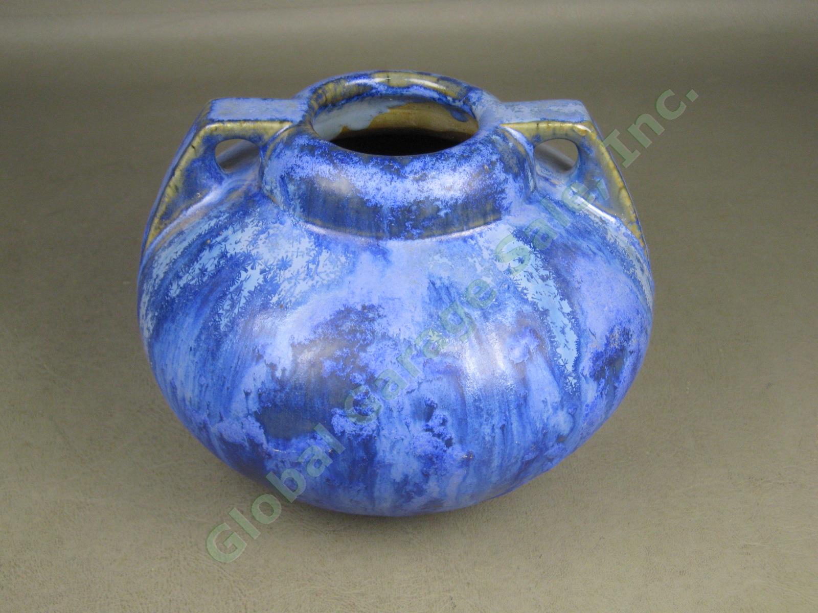 Vtg Fulper Pottery 656 Arts & Crafts Blue Flambe Glaze Squat Handled Vase 6.25"