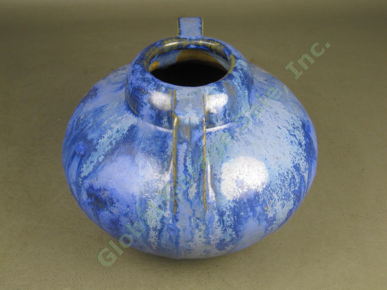 Vtg Fulper Pottery 656 Arts & Crafts Blue Flambe Glaze Squat Handled Vase 6.25" 1
