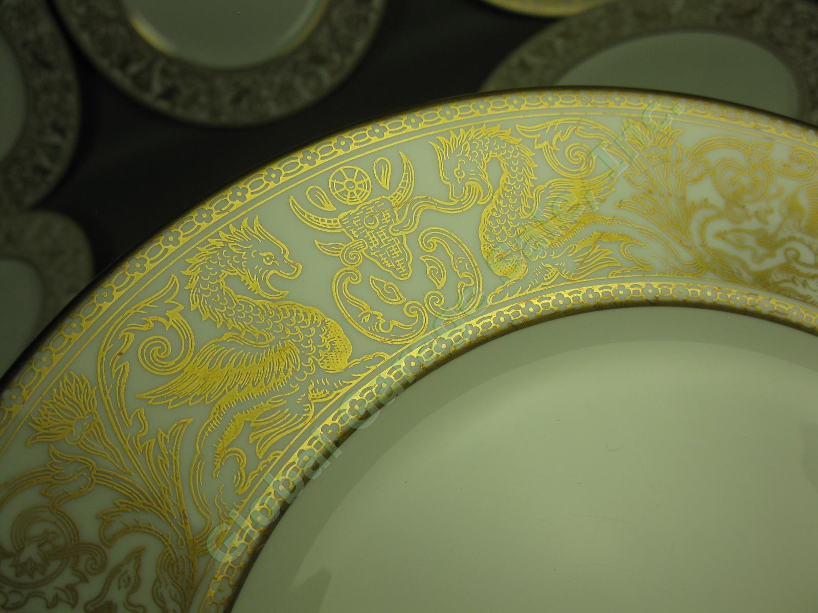 6 Wedgwood Gold Florentine Dragon Bone China 10-3/4" Dinner Plates Set Lot W4219 2