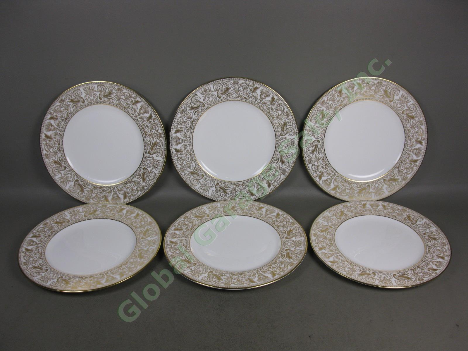 6 Wedgwood Gold Florentine Dragon Bone China 10-3/4" Dinner Plates Set Lot W4219
