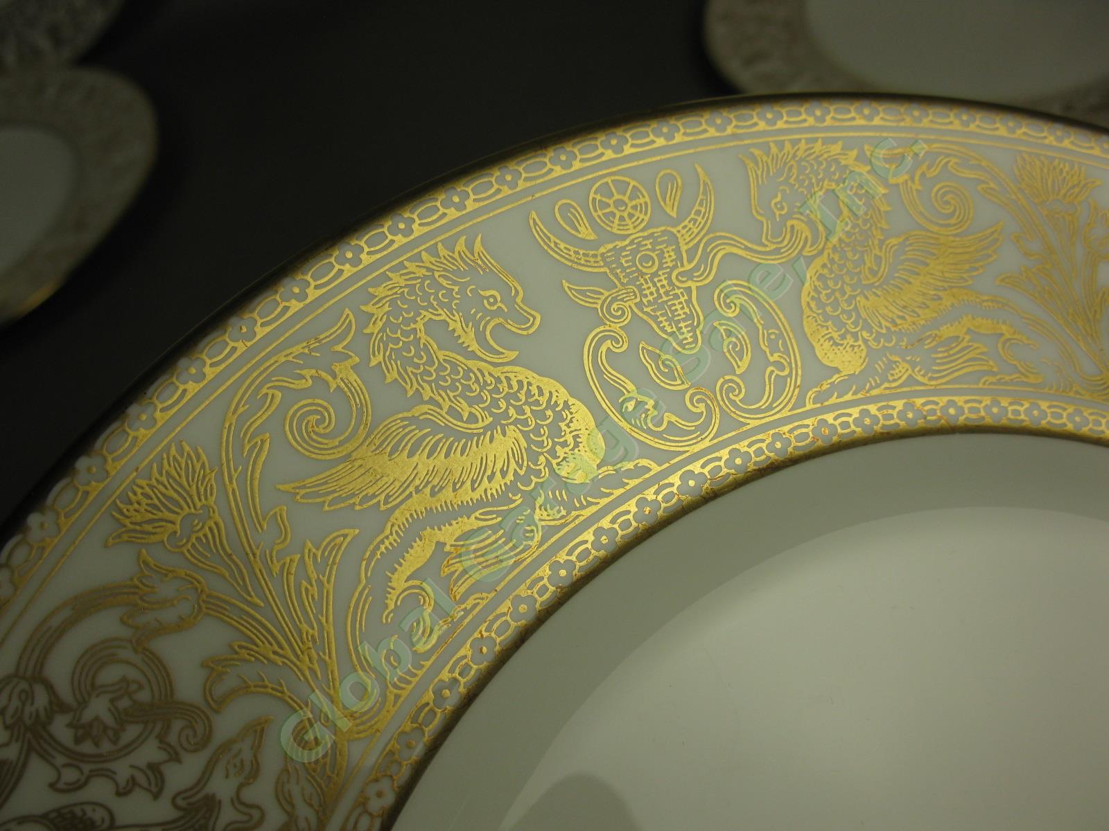 6 Wedgwood Gold Florentine Dragon Bone China 10-3/4" Dinner Plates Set Lot W4219 2