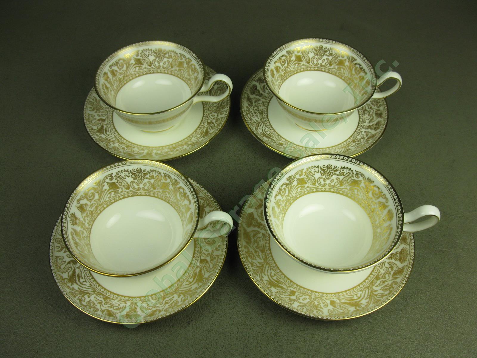 4 Wedgwood Gold Florentine Dragon Bone China Tea Cups + 4 Saucers Set Lot #W4219