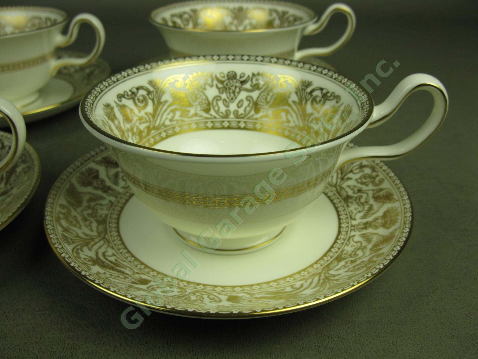 4 Wedgwood Gold Florentine Dragon Bone China Tea Cups + 4 Saucers Set Lot #W4219 1