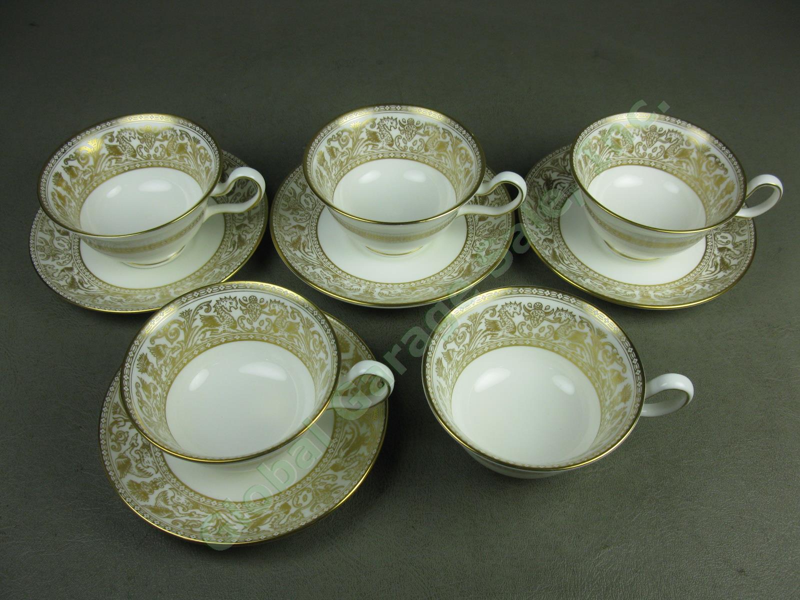 5 Wedgwood Gold Florentine Dragon Bone China Tea Cups + 4 Saucers Set Lot #W4219