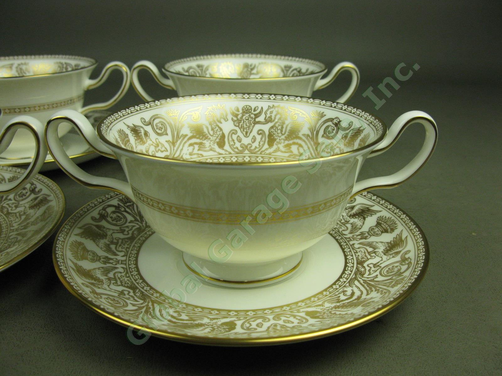 4 Wedgwood Gold Florentine Dragon China Cream Soup Bowls + Saucers Set Lot W4219 1