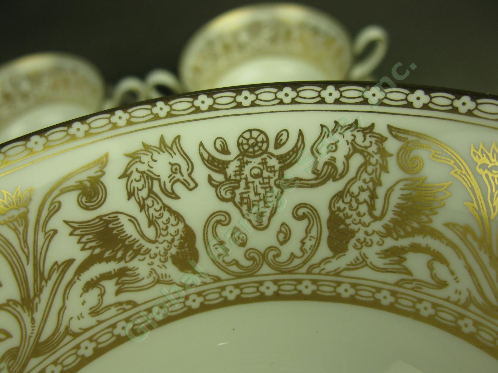 4 Wedgwood Gold Florentine Dragon China Cream Soup Bowls + Saucers Set Lot W4219 2