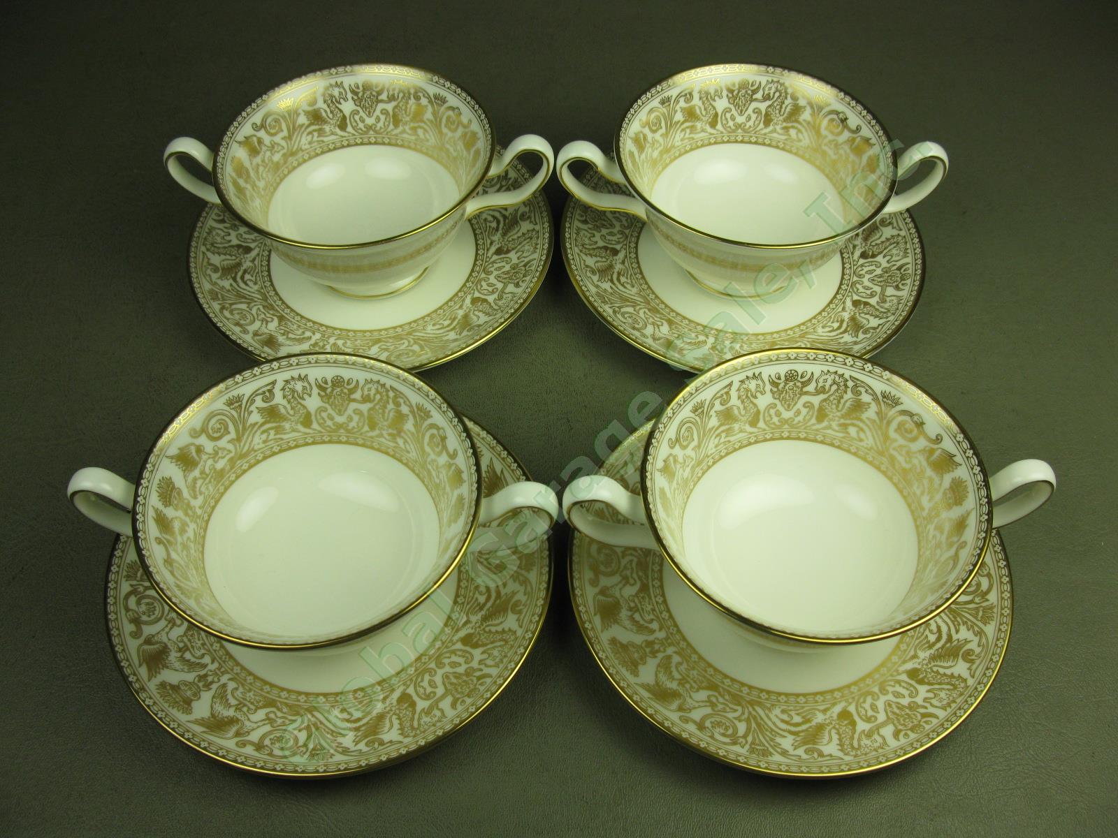 4 Wedgwood Gold Florentine Dragon China Cream Soup Bowls + Saucers Set Lot W4219