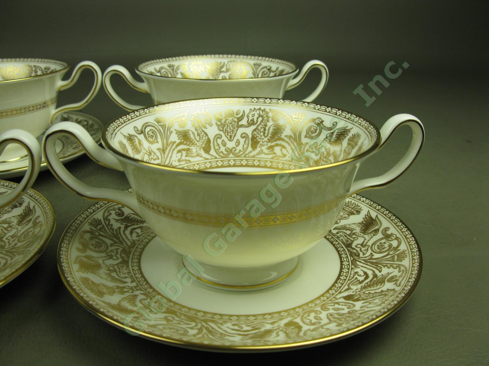 4 Wedgwood Gold Florentine Dragon China Cream Soup Bowls + Saucers Set Lot W4219 1