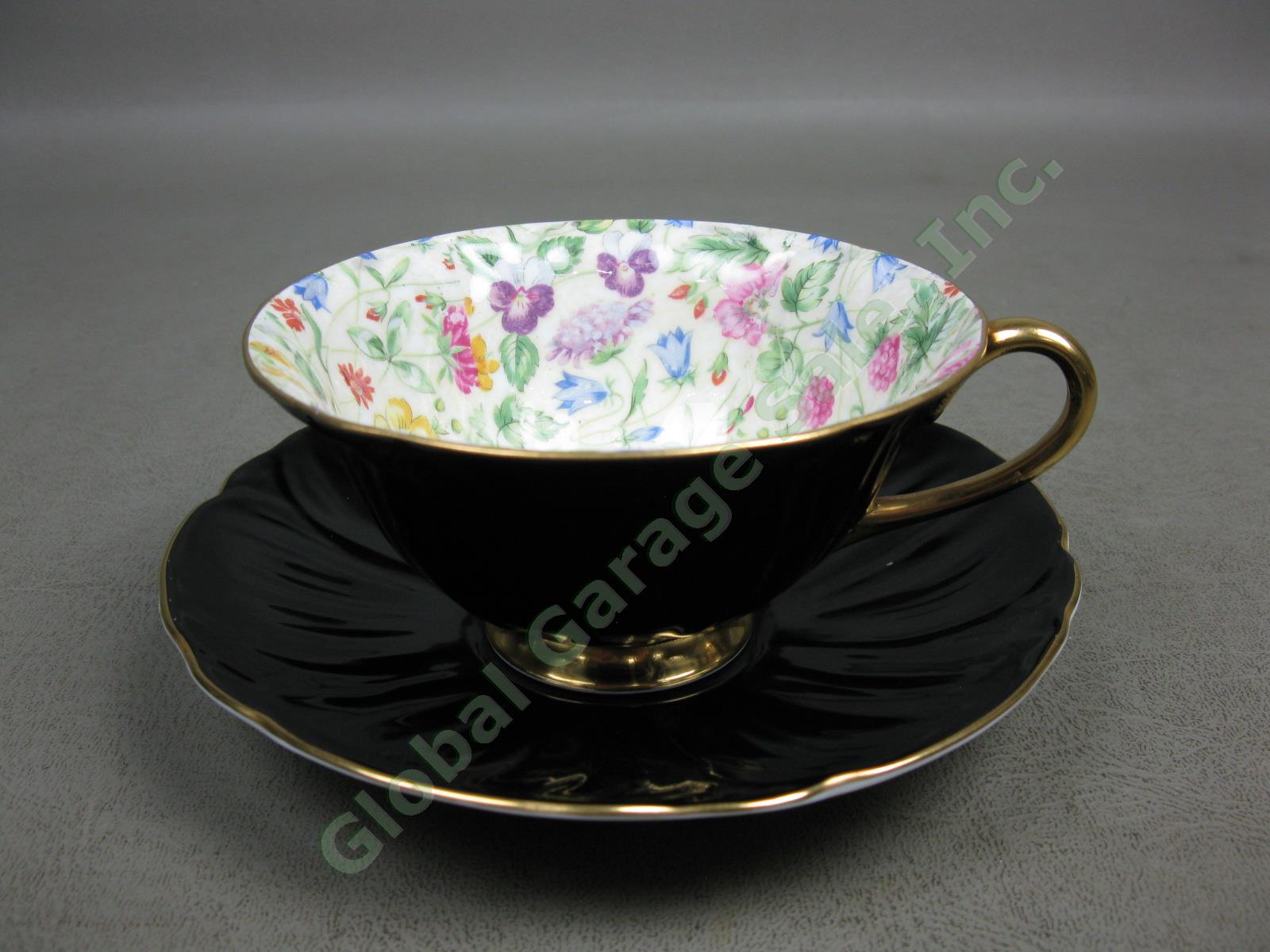Shelley Countryside Oleander Bone China Black Gold Floral Chintz Cup +Saucer Set
