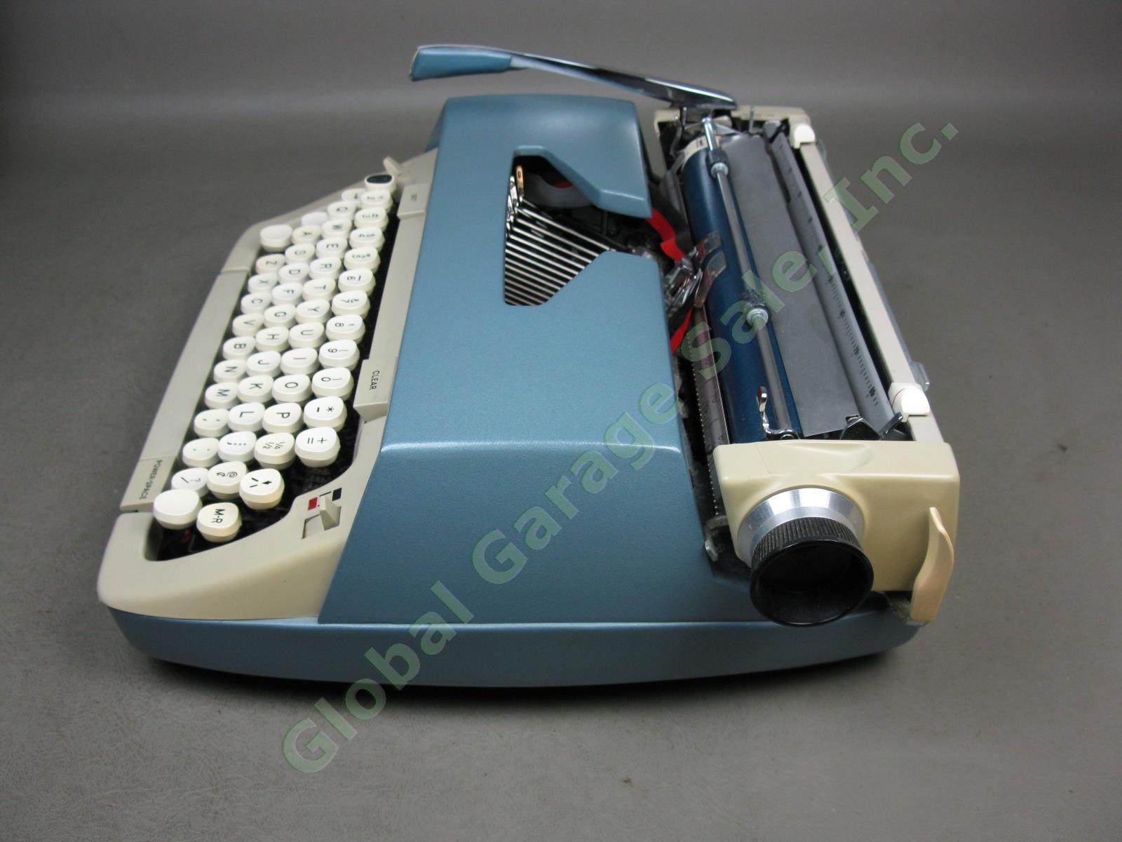 Vtg Smith-Corona Galaxie Deluxe Blue Portable Manual Typewriter W/ Case Manual + 3
