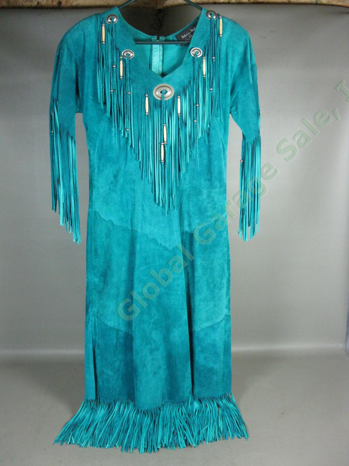 Rare Vtg Patricia Wolf Native American Ceremonial Fringed Blue Pow Wow Dress Sm