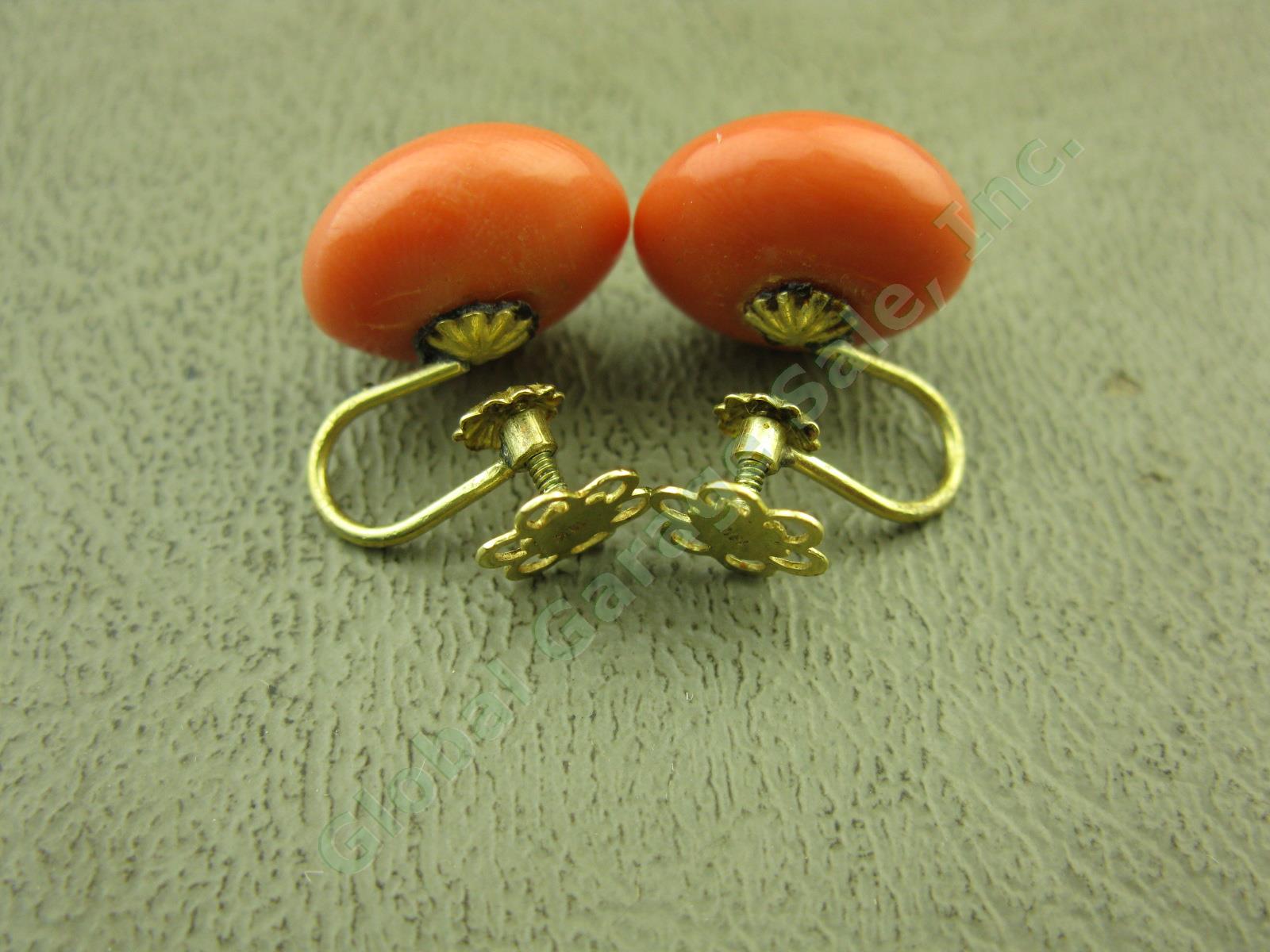 Vtg 18K Yellow Gold Natural Angel Skin Coral Screw Back Earrings 14mm Cabochons 1