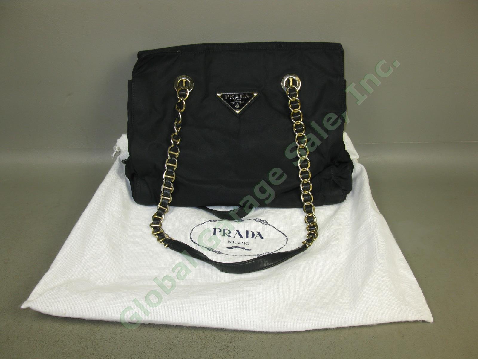 Prada Milano Tessuto Black Nylon Gold Tone Double Chain Shoulder Bag Handbag NR!
