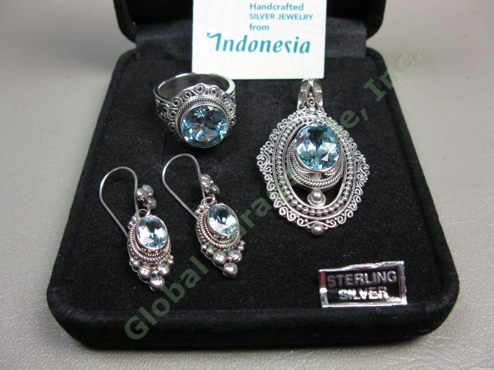 Suarti Bali Sterling Silver Blue Topaz Pendant Ring Earring Set 925 BA Indonesia