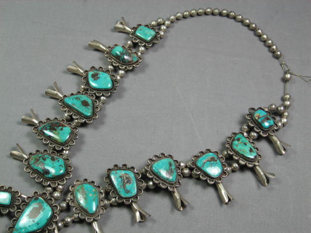 Vintage Navajo Turquoise Silver Squash Blossom Necklace 3