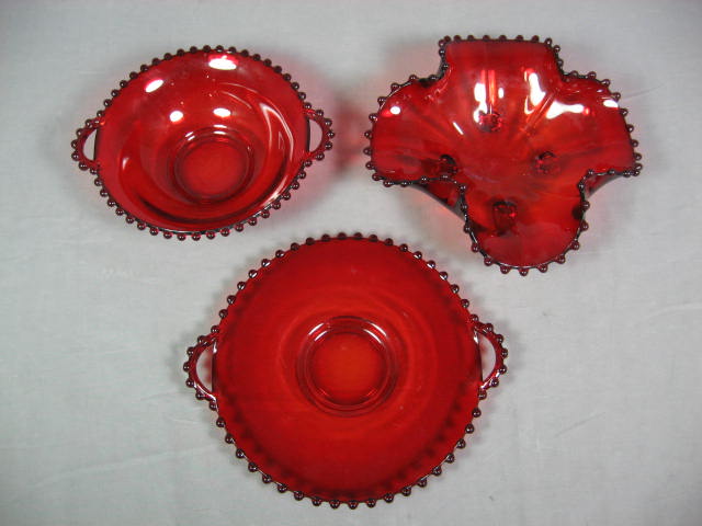 Vintage 3 Pc Ruby Red Hobnail Glass Set Dish + Bowls NR