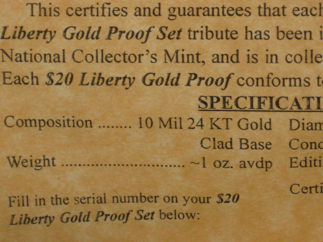 National Collectors Mint $20 Liberty Gold Proof Set NR 14