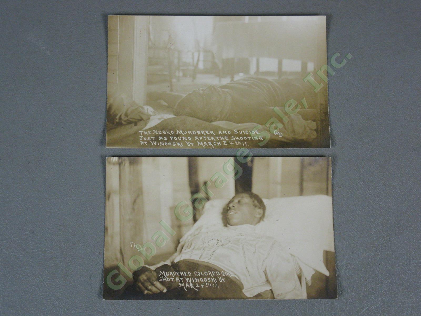 2 RARE Vtg Antique 1911 RPPC Postcards Negro Murder Suicide Winooski Vermont NR!