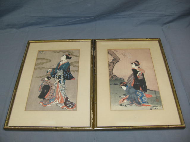 2 Vintage Antique Japanese Geisha Framed Paintings NR