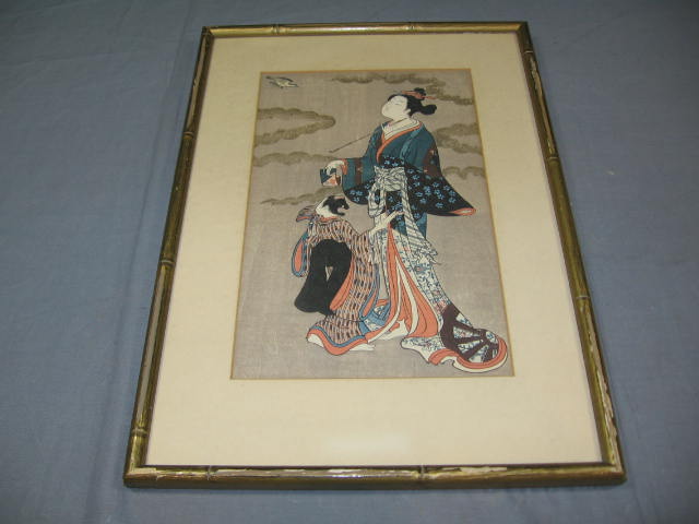 2 Vintage Antique Japanese Geisha Framed Paintings NR 1