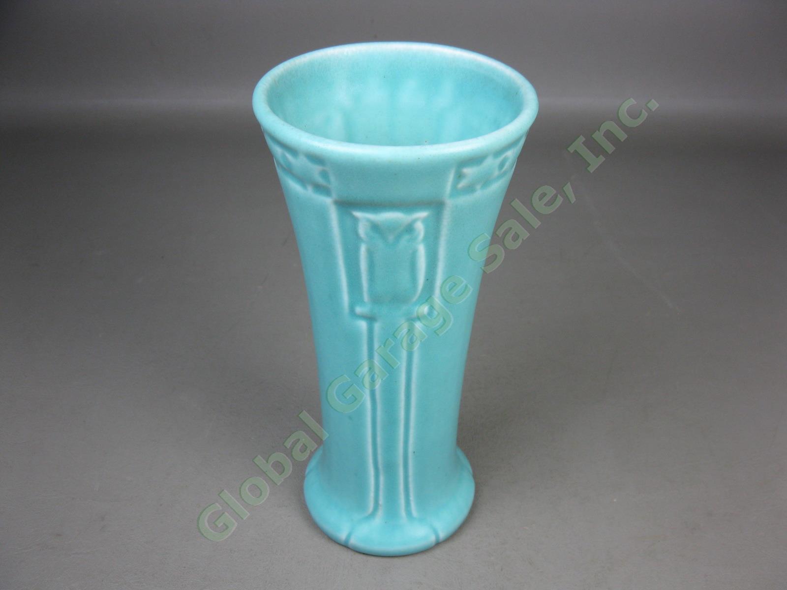 Vtg Antique Rookwood Aqua Blue Art Deco Pottery Owls Vase XX 2216 c1920 8.5" NR!