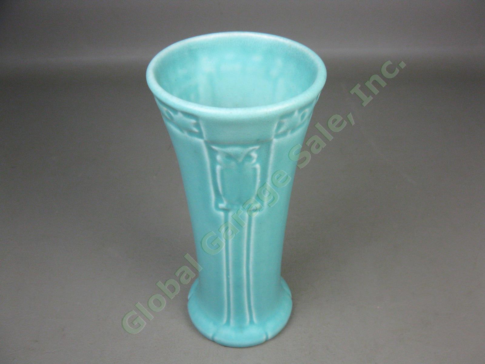 Vtg Antique Rookwood Aqua Blue Art Deco Pottery Owls Vase XX 2216 c1920 8.5" NR! 1